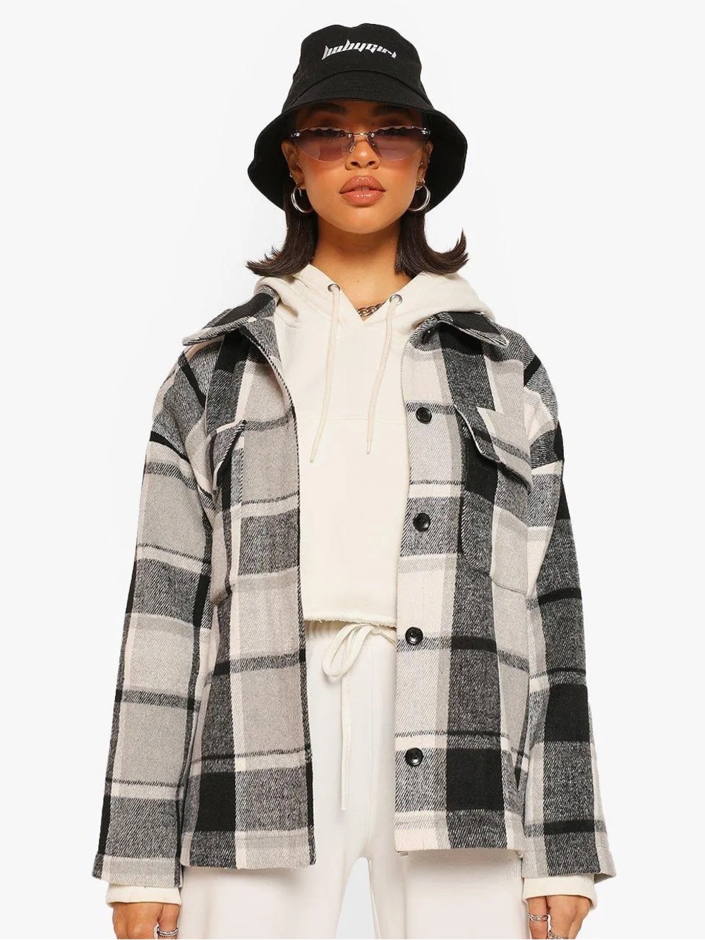 Boohoo Grey Plaid Flannel Shacket Jacket Womens US 6 Oversized Button Up GUC